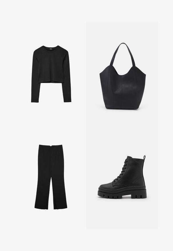 Črna dolgi rokavi prerezana majica s krožnim izrezom, enostaven dizajn in rahlo ukrivljen rob.; Črne hlače ravnega kroja z naglavnimi žepi in stranskimi razporki na robu. Narejene iz mehke, gladke tkanine. Primerne za različne priložnosti.; Even&Odd Wide Fit Gležnjarji s platformo - black; Črna torba v obliki tote iz gladke usnjene površine, ki ima ukrivljen odprt vrh z dvema naramnicama in minimalističnim dizajnom.
