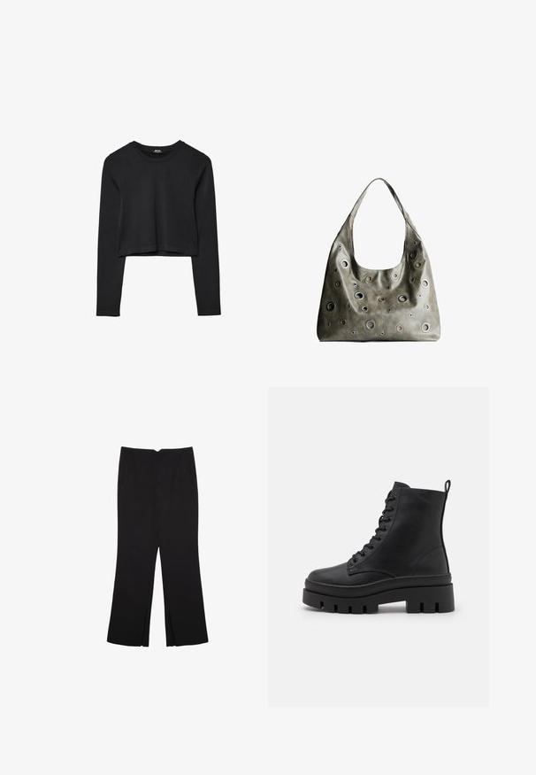 Top cropped nero a maniche lunghe con scollatura tonda, design semplice e orlo leggermente curvo.; Pantaloni neri a gamba dritta, con tasche frontali e spacchi laterali all'orlo. Realizzati in tessuto morbido e liscio. Adatti a diverse occasioni.; Even&Odd Wide Fit Stivaletti con plateau - black; Borsa a tracolla in pelle verde oliva con un design morbido, caratterizzata da tagli circolari di diverse dimensioni e dettagli in tonalità più scure e più chiare.