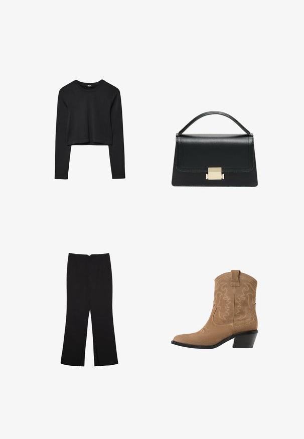 Čierny dlhý rukáv skrátený top s okrúhlym výstrihom, jednofarebný dizajn a mierne zakrivený lem.; Čierne nohavice so strihom rovného strihu, s prednými vreckami a bočnými rozparkami na leme. Vyrobené z mäkkej, hladkej tkaniny. Vhodné na rôzne príležitosti.; Hnedé semišové westernové členkové čižmy s špicatou špičkou, vyšívaným dizajnom a nízkym, stohovaným čiernym podpätkom. Obsahujú úchyty na jednoduché obúvanie.; Čierna kožená kabelka so štruktúrovaným prevedením, horným madlom a detailom zlatého kovového uzáveru na prednej strane. Hladká textura, minimálne šitie.