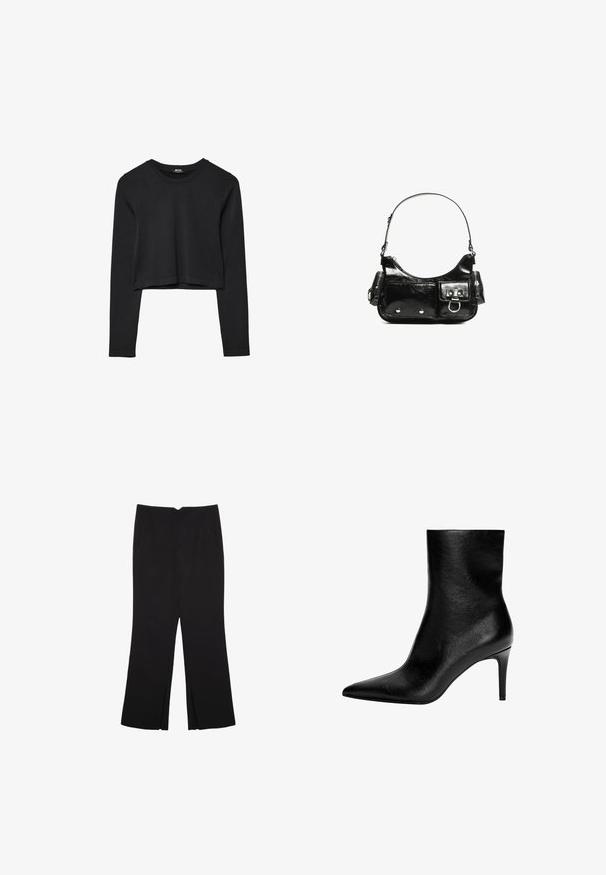 Crni dugi rukav uski crop top s okruglim izrezom, jednostavnog dizajna i blago zakrivljenim rubom.; Crne hlače ravnog kroja, s prednjim džepovima i bočnim prorezima na rubu. Izrađene od mekog i glatkog materijala. Pogodne za razne prigode.; Crne kožne gležnjače s šiljatim vrhom i uskim potpeticama srednje visine, glatke teksture, bez vidljivih kopčanja.; Crna patentna kožna torba s zakrivljenim oblikom, jednim remenom za rame, prednjim džepovima i akcentima od srebrnog tona.