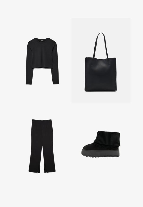 Czarny krótki top z długim rękawem, okrągłym dekoltem, gładkim wzorem i lekko zaokrąglonym dołem.; Czarne spodnie o prostym kroju, z przednimi kieszeniami i bocznymi rozcięciami na dole. Wykonane z miękkiego, gładkiego materiału. Odpowiednie na różne okazje.; Czarne botki za kostkę z prążkowanym kołnierzem i płaską, teksturowaną podeszwą. Wykonane z połączenia zamszu i elastycznych materiałów.; Czarna skórzana torba tote o gładkiej fakturze, prostokątnym kształcie i dwóch długich uchwytach. Brak widocznych elementów metalowych i ozdób.