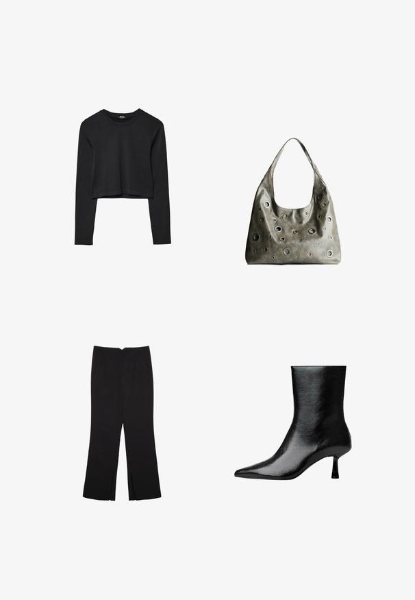 Črna dolgi rokavi prerezana majica s krožnim izrezom, enostaven dizajn in rahlo ukrivljen rob.; Črne hlače ravnega kroja z naglavnimi žepi in stranskimi razporki na robu. Narejene iz mehke, gladke tkanine. Primerne za različne priložnosti.; Črne gležnjarje iz sijajnega usnja s koničastim nosom in tankim peto, ki se ponašajo z gladko teksturo in minimalističnim dizajnom.; Olivnozeleni usnjeni ročni torbici z ohlapno obliko, ki ima različne velikosti okroglih izrezov in poudarke v temnejših in svetlejših odtenkih.