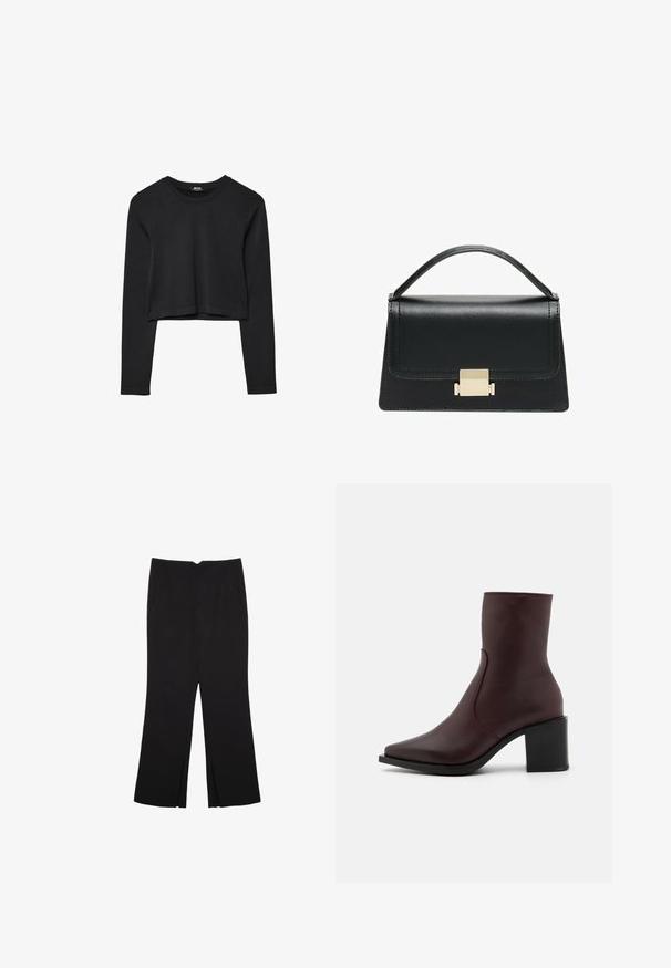 Top cropped nero a maniche lunghe con scollatura tonda, design semplice e orlo leggermente curvo.; Pantaloni neri a gamba dritta, con tasche frontali e spacchi laterali all'orlo. Realizzati in tessuto morbido e liscio. Adatti a diverse occasioni.; Zign LEATHER - Stivaletti - bordeaux; Borsa a tracolla in pelle nera con design strutturato, manico superiore e dettaglio in metallo dorato sulla parte frontale. Texture liscia, cuciture minime.