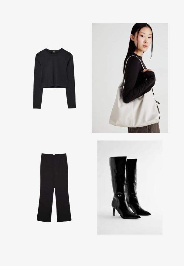 Top cropped nero a maniche lunghe con scollatura tonda, design semplice e orlo leggermente curvo.; Pantaloni neri a gamba dritta, con tasche frontali e spacchi laterali all'orlo. Realizzati in tessuto morbido e liscio. Adatti a diverse occasioni.; Stivali neri al ginocchio realizzati in pelle lucida, con punta affusolata e tacco alto e sottile. Presentano un sobrio accento metallico sul lato.; Borsa a mano beige realizzata in materiale morbido, caratterizzata da un design morbido, dettagli cuciti e due manici. Adatta per l'uso quotidiano.
