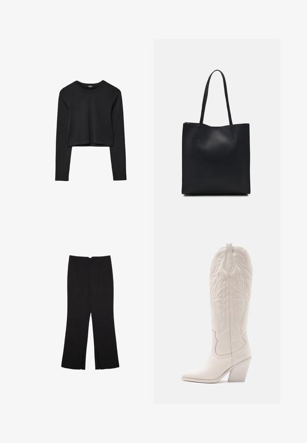 Top cropped nero a maniche lunghe con scollatura tonda, design semplice e orlo leggermente curvo.; Pantaloni neri a gamba dritta, con tasche frontali e spacchi laterali all'orlo. Realizzati in tessuto morbido e liscio. Adatti a diverse occasioni.; Stivale da cowboy in pelle bianca con punta a punta e tacco quadrato. Presenta eleganti motivi di cucitura sulla gamba e una texture liscia.; Borsa tote in pelle nera con texture liscia, forma rettangolare e due manici lunghi. Nessun hardware o decorazione visibile.