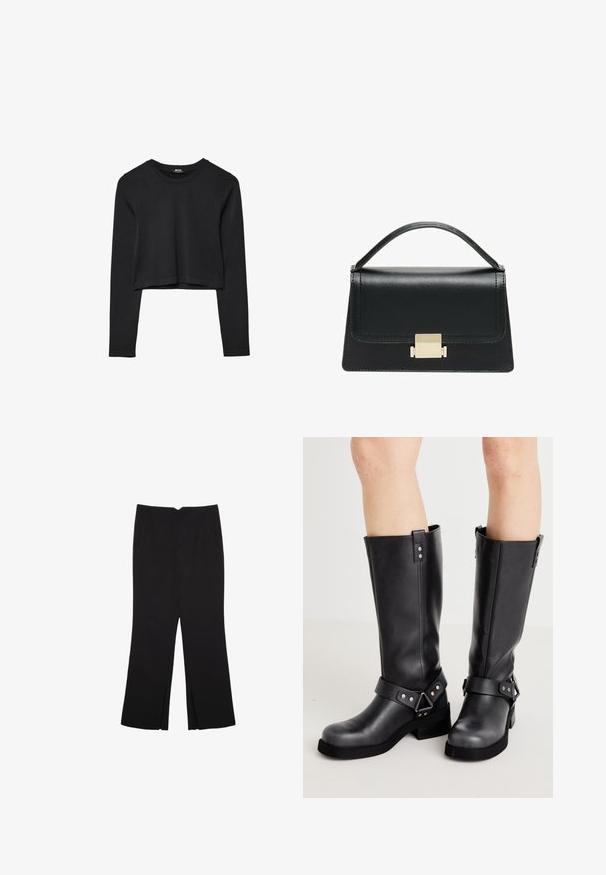 Črna dolgi rokavi prerezana majica s krožnim izrezom, enostaven dizajn in rahlo ukrivljen rob.; Črne hlače ravnega kroja z naglavnimi žepi in stranskimi razporki na robu. Narejene iz mehke, gladke tkanine. Primerne za različne priložnosti.; Črne usnjene pohodne čevlje do kolen s širokim steblom, podrobnostmi pasu, srebrnim okovanjem in ravnim podplatom. Gladka tekstura z rahlim sijajem.; Črna usnjena torbica z strukturiranim dizajnom, zgornjim ročajem in zlate kovinske sponke na sprednji strani. Gladka tekstura, minimalno šivanje.