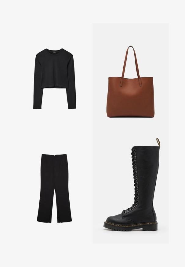 Black long-sleeve cropped top with round neckline, plain design, and a slightly curved hem.; Black trousers with a straight fit, featuring front pockets and side slits at the hem. Made of soft, smooth fabric. Suitable for various occasions.; Black knee-high leather boots with a chunky sole, featuring a lace-up front, metallic eyelets, and contrasting yellow stitching.; Brown leather tote bag with a smooth texture, open top design, and two shoulder straps. Features minimal stitching and no visible hardware.