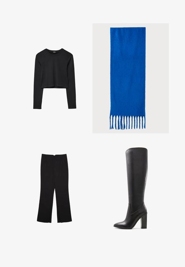 Černý dlouhý rukáv cropped top s kulatým výstřihem, jednoduchý design a mírně zaoblený lem.; Černé kalhoty s rovným střihem, s předními kapsami a bočními rozparky na lemu. Vyrobené z jemné, hladké tkaniny. Vhodné na různé příležitosti.; ALDO PILLOW WALK PULL ON GLAJAR - Kozačky na vysokém podpatku - black; Modrý šátek s třásněmi vyrobený z měkké tkaniny; má jednobarevný vzhled s texturovaným povrchem a rovnoměrně střiženými třásněmi na spodní straně.; Černá kožená kabelka se strukturovaným designem, horním uchopením a zlatým kovovým zapínáním na přední straně. Hladký povrch, minimální švy.