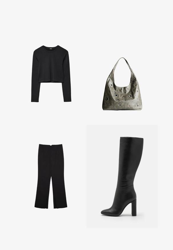 Black long-sleeve cropped top with round neckline, plain design, and a slightly curved hem.; Black trousers with a straight fit, featuring front pockets and side slits at the hem. Made of soft, smooth fabric. Suitable for various occasions.; Knee-high black leather boot with a pointed toe and high block heel. Smooth texture with minimalistic design and no visible hardware.; Olive green leather handbag with a slouchy design, featuring various sized circular cutouts and accents in darker and lighter shades.