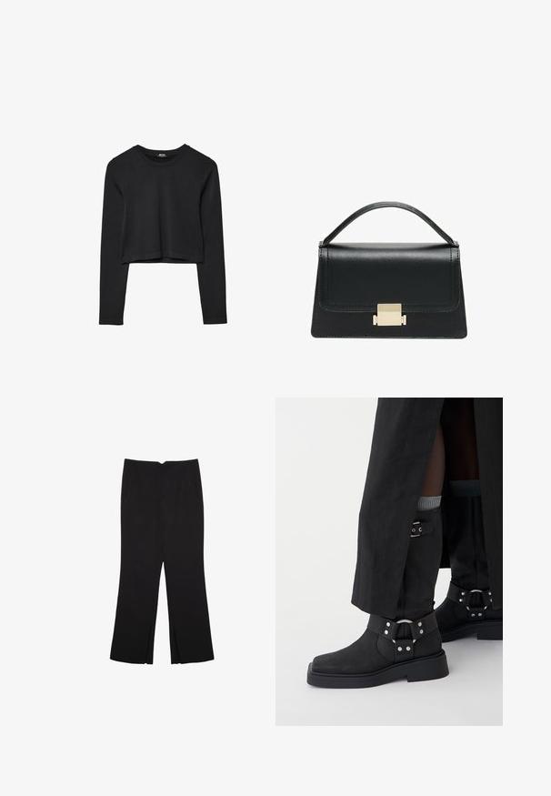 Mustat pitkät hihat lyhyt toppi, jossa on pyöreä kaula-aukko, yksinkertainen muotoilu ja hieman kaareva helma.; Mustat housut suoralinjaisella leikkauksella, joissa on etutaskut ja sivurei'ät helman alla. Valmistettu pehmeästä ja sileästä kankaasta. Sopii eri tilaisuuksiin.; Musta nilkkurit, jotka on valmistettu nahasta mattapinnalla, neliön muotoisella kärjellä ja koristeellisilla soljilla. Pohja on jykevä ja teksturoitu.; Musta nahkakäsilaukku, jossa on jämäkkä muotoilu, yläkahva ja kultainen metallisolki edessä. Sujuva pinta, minimaalinen ompelu.