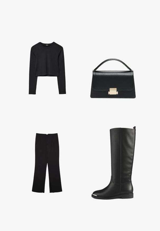 Črna dolgi rokavi prerezana majica s krožnim izrezom, enostaven dizajn in rahlo ukrivljen rob.; Črne hlače ravnega kroja z naglavnimi žepi in stranskimi razporki na robu. Narejene iz mehke, gladke tkanine. Primerne za različne priložnosti.; Črne usnjene čizme do kolen z gladko teksturo, okroglo konico in srebrnim akcentom na konici. Opremljene so z nizko, ravno peto in brezšivnim dizajnom.; Črna usnjena torbica z strukturiranim dizajnom, zgornjim ročajem in zlate kovinske sponke na sprednji strani. Gladka tekstura, minimalno šivanje.
