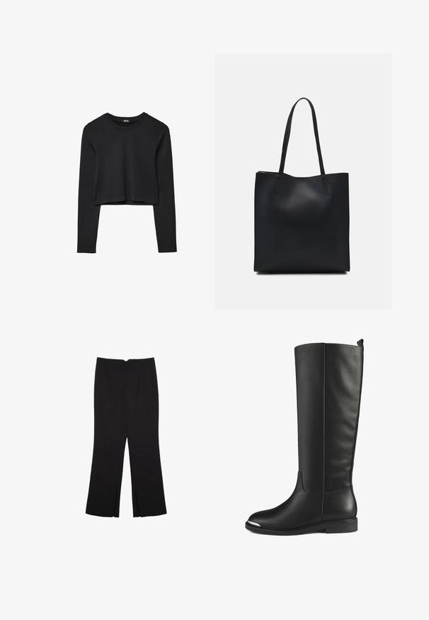 Top cropped nero a maniche lunghe con scollatura tonda, design semplice e orlo leggermente curvo.; Pantaloni neri a gamba dritta, con tasche frontali e spacchi laterali all'orlo. Realizzati in tessuto morbido e liscio. Adatti a diverse occasioni.; Stivali neri in pelle alti fino al ginocchio con una superficie liscia, punta arrotondata e dettagli in argento sulla punta. Caratterizzati da un tacco basso e piatto e un design senza cuciture.; Borsa tote in pelle nera con texture liscia, forma rettangolare e due manici lunghi. Nessun hardware o decorazione visibile.