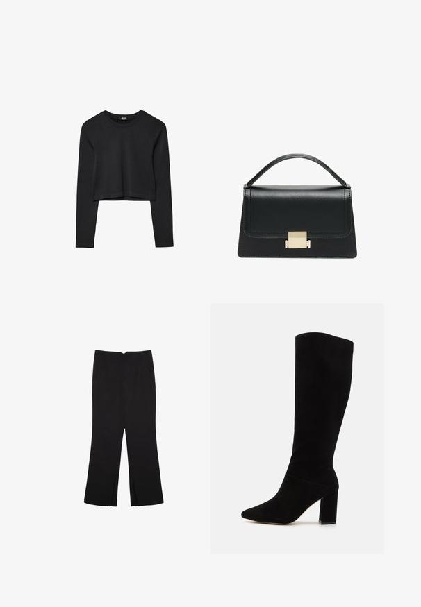 Schwarzes, langärmliges, kurz geschnittenes Oberteil mit Rundhalsausschnitt, schlichter Gestaltung und leicht abgerundetem Saum.; Schwarze Hose mit geradem Schnitt, ausgestattet mit Fronttaschen und Seitenschlitzen am Saum. Hergestellt aus weichem, glattem Stoff. Geeignet für verschiedene Anlässe.; Schwarze kniehohe Stiefel aus Wildleder mit einer spitzen Zehenpartie, einem Blockabsatz und einer glatten Textur ohne sichtbare Muster oder Beschläge.; Schwarze Lederhandtasche mit strukturiertem Design, oberem Griff und einem goldenen Metallschnappverschluss auf der Vorderseite. Glatte Textur, minimale Nähte.