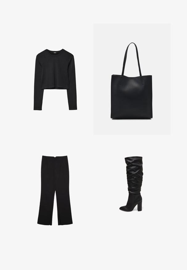 Mustat pitkät hihat lyhyt toppi, jossa on pyöreä kaula-aukko, yksinkertainen muotoilu ja hieman kaareva helma.; Mustat housut suoralinjaisella leikkauksella, joissa on etutaskut ja sivurei'ät helman alla. Valmistettu pehmeästä ja sileästä kankaasta. Sopii eri tilaisuuksiin.; Mustat polvipituiset saappaat, jotka on valmistettu teksturoidusta nahasta. Niissä on löysä muotoilu ja terävä kärki, sekä paksu lohkarekorko.; Mustapahkainen kangaskassi, jossa on sileä pinta, suorakaiteen muotoinen ja kaksi pitkää kahvaa. Ei näkyvää metalliosaa tai koristeita.