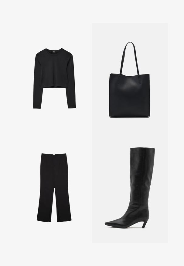 Top cropped nero a maniche lunghe con scollatura tonda, design semplice e orlo leggermente curvo.; Pantaloni neri a gamba dritta, con tasche frontali e spacchi laterali all'orlo. Realizzati in tessuto morbido e liscio. Adatti a diverse occasioni.; RAID FLAURA - Stivali alti - black; Borsa tote in pelle nera con texture liscia, forma rettangolare e due manici lunghi. Nessun hardware o decorazione visibile.