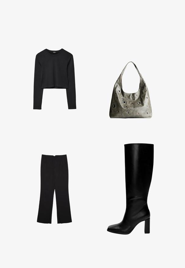 Black long-sleeve cropped top with round neckline, plain design, and a slightly curved hem.; Black trousers with a straight fit, featuring front pockets and side slits at the hem. Made of soft, smooth fabric. Suitable for various occasions.; Black knee-high leather boots with a square toe and chunky heel. Smooth texture, fitted design, and no visible hardware or patterns.; Olive green leather handbag with a slouchy design, featuring various sized circular cutouts and accents in darker and lighter shades.