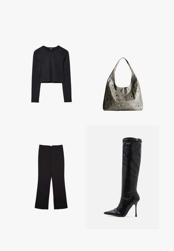 Čierny dlhý rukáv skrátený top s okrúhlym výstrihom, jednofarebný dizajn a mierne zakrivený lem.; Čierne nohavice so strihom rovného strihu, s prednými vreckami a bočnými rozparkami na leme. Vyrobené z mäkkej, hladkej tkaniny. Vhodné na rôzne príležitosti.; Simmi London PALACE - Čižmy - black; Olive zelená kožená kabelka so spadnutým dizajnom, obsahujúca rôzne veľkosti kruhových výrezov a akcenty v tmavších a svetlejších odtieňoch.