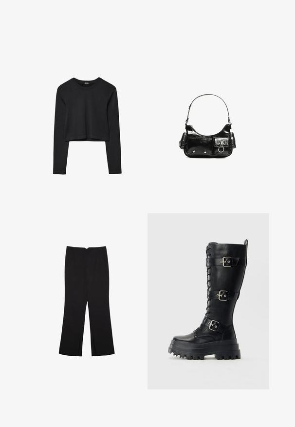 Top cropped nero a maniche lunghe con scollatura tonda, design semplice e orlo leggermente curvo.; Pantaloni neri a gamba dritta, con tasche frontali e spacchi laterali all'orlo. Realizzati in tessuto morbido e liscio. Adatti a diverse occasioni.; Stivale da combattimento in pelle nera, alto, con suola scolpita spessa, tre fibbie regolabili e dettagli con lacci frontalmente, su uno sfondo semplice.; Borsa a spalla in vernice nera con forma curvata, una tracolla, tasche frontali e dettagli in metallo argentato.