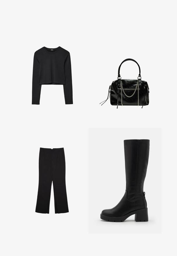 Černý dlouhý rukáv cropped top s kulatým výstřihem, jednoduchý design a mírně zaoblený lem.; Černé kalhoty s rovným střihem, s předními kapsami a bočními rozparky na lemu. Vyrobené z jemné, hladké tkaniny. Vhodné na různé příležitosti.; Even&Odd Kozačky na platformě - black; Bershka WITH CHAIN - Kabelka - black