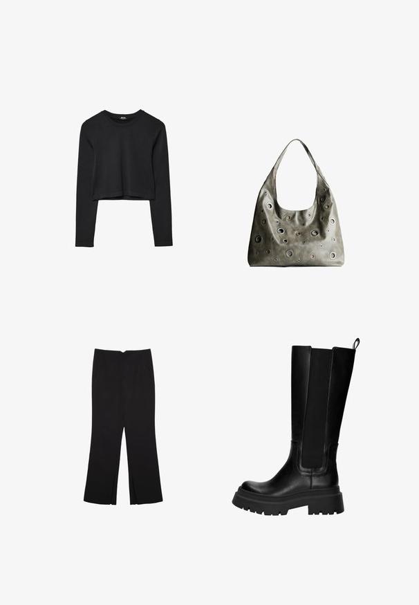 Mustat pitkät hihat lyhyt toppi, jossa on pyöreä kaula-aukko, yksinkertainen muotoilu ja hieman kaareva helma.; Mustat housut suoralinjaisella leikkauksella, joissa on etutaskut ja sivurei'ät helman alla. Valmistettu pehmeästä ja sileästä kankaasta. Sopii eri tilaisuuksiin.; Polvisteiset mustat nahkasaappaat, joissa on joustavat sivupaneelit, tukevat kumipohjat ja paksu kanta. Liukaspintainen, jossa on vain vähän ompelusaumoja.; Oliivinvihreä nahkalaukku, jossa on rento muotoilu, ja jossa on erilaisia kokoisia pyöreitä läpivientejä sekä tummempia ja vaaleampia yksityiskohtia.