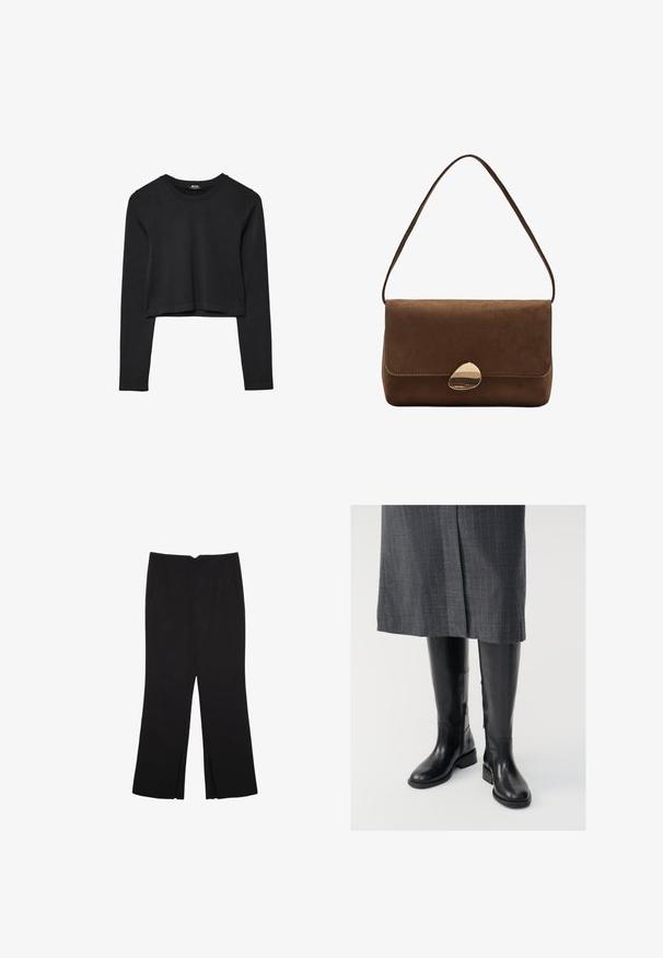 Čierny dlhý rukáv skrátený top s okrúhlym výstrihom, jednofarebný dizajn a mierne zakrivený lem.; Čierne nohavice so strihom rovného strihu, s prednými vreckami a bočnými rozparkami na leme. Vyrobené z mäkkej, hladkej tkaniny. Vhodné na rôzne príležitosti.; Čierne kožené čižmy po kolená s hladkou textúrou, bočnými zipsami a plochou podrážkou. Čižmy majú štruktúrovaný lem a minimálne doplnky.; Hnedá semišová taška cez rameno s zakriveným zlatým sponou a jedným popruhom, obdĺžnikový tvar s klopou.