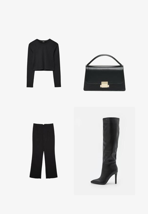 Top cropped nero a maniche lunghe con scollatura tonda, design semplice e orlo leggermente curvo.; Pantaloni neri a gamba dritta, con tasche frontali e spacchi laterali all'orlo. Realizzati in tessuto morbido e liscio. Adatti a diverse occasioni.; RAID TALISHA - Stivali alti - black; Borsa a tracolla in pelle nera con design strutturato, manico superiore e dettaglio in metallo dorato sulla parte frontale. Texture liscia, cuciture minime.