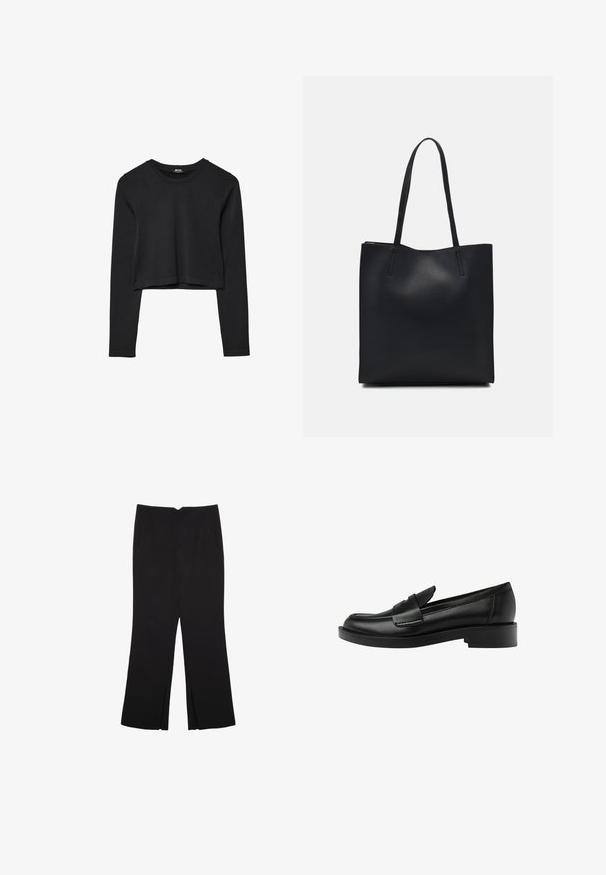 Schwarzes, langärmliges, kurz geschnittenes Oberteil mit Rundhalsausschnitt, schlichter Gestaltung und leicht abgerundetem Saum.; Schwarze Hose mit geradem Schnitt, ausgestattet mit Fronttaschen und Seitenschlitzen am Saum. Hergestellt aus weichem, glattem Stoff. Geeignet für verschiedene Anlässe.; Schwarzer Lederloafer mit runder Zehe, der ein auffälliges gestepptes Detail auf dem Blatt und einen niedrigen Blockabsatz für Stabilität aufweist.; Schwarze Laptoptasche aus Leder mit glatter Textur, rechteckiger Form und zwei langen Griffen. Keine sichtbaren Beschläge oder Verzierungen.