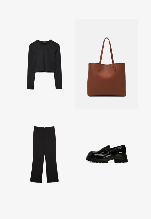 Schwarzes, langärmliges, kurz geschnittenes Oberteil mit Rundhalsausschnitt, schlichter Gestaltung und leicht abgerundetem Saum.; Schwarze Hose mit geradem Schnitt, ausgestattet mit Fronttaschen und Seitenschlitzen am Saum. Hergestellt aus weichem, glattem Stoff. Geeignet für verschiedene Anlässe.; Schwarze Lackleder-Slipper mit einer dicke Gummisohle, glatter Textur und einem kleinen Riemen-Detail an der Vorderseite. Besitzt ein niedriges Profil-Design.; Braune Leder-Tote mit glatter Textur, offenem Oberteil und zwei Schulterriemen. Verfügt über minimale Nähte und keine sichtbaren Beschläge.