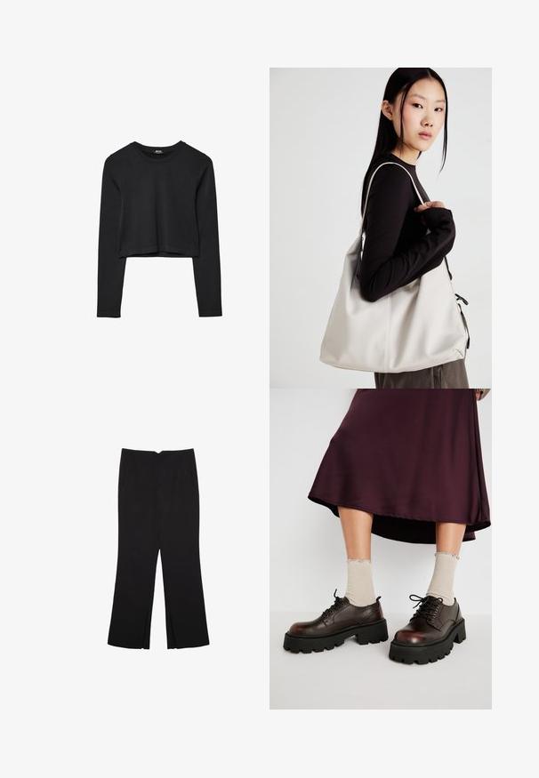 Sort langærmet cropped top med rund halsudskæring, ensfarvet design og let buet kant.; Sorte bukser med lige pasform, der har frontlommer og slidser i kanten. Lavet af blødt, glat stof. Velegnet til forskellige anledninger.; Brune læder platform sko med tykke sorte såler, parret med ribbet beige strømper med bølgede kanter, mod en afdæmpet baggrund.; Beige håndtaske lavet af blødt materiale med et slouchy design, stikninger og to skulderremme. Velegnet til daglig brug.