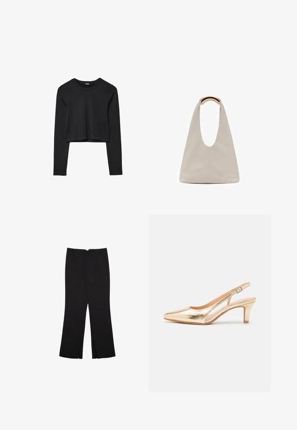Crni dugi rukav uski crop top s okruglim izrezom, jednostavnog dizajna i blago zakrivljenim rubom.; Crne hlače ravnog kroja, s prednjim džepovima i bočnim prorezima na rubu. Izrađene od mekog i glatkog materijala. Pogodne za razne prigode.; Zlatne metalik slingback cipele s špicastim nosom, blago podignutim petom i podesivim remenčićem. Glatka tekstura, elegantan dizajn i otvorene strane.; Svijetlosivi kožni torba s oblikom u slovo U i zakrivljenim metalnim drškom. Glatka tekstura s minimalnim šavovima i bez vidljivih uzoraka.