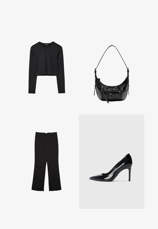 Svart långärmad croppad topp med rund halsringning, enkel design och en något rundad nederkant.; Svarta byxor med rak passform, utrustade med framfickor och sidoklyvningar vid fållen. Tillverkade av mjukt, slätt tyg. Lämpliga för olika tillfällen.; Svart lackläder högklackad pumpsko med spetsig tå och smal stilettklack på enfärgad vit bakgrund.; Svart läder axelväska med en böjd form, prydd med silverfärgade nitar och sömdetaljer. Justerbar rem för mångsidighet.