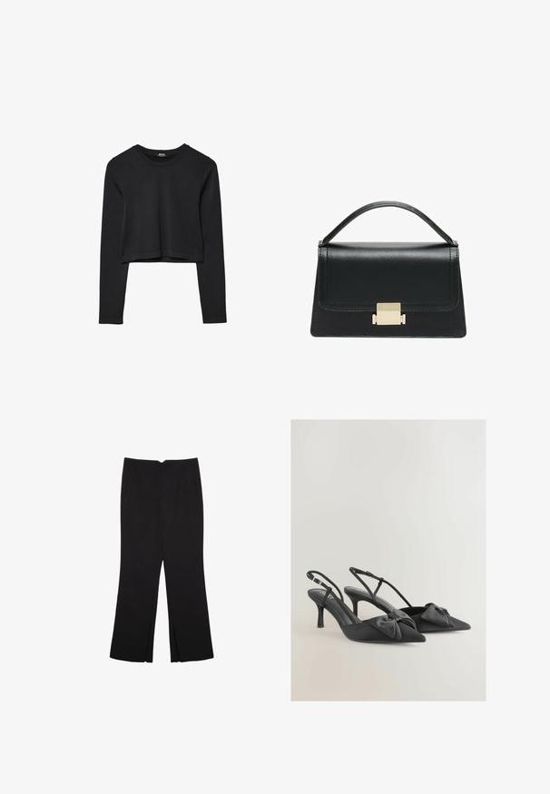 Sort langærmet cropped top med rund halsudskæring, ensfarvet design og let buet kant.; Sorte bukser med lige pasform, der har frontlommer og slidser i kanten. Lavet af blødt, glat stof. Velegnet til forskellige anledninger.; Sorte satin slingback højhælede sko med spidse tæer, små sløjfer på forsiden og slanke hæle. Har justerbare ankelstropper.; Sort læderhandtaske med et struktureret design, topbærerhåndtag og en detalje i guldfarvet metalklap på fronten. Glat tekstur, minimal syning.