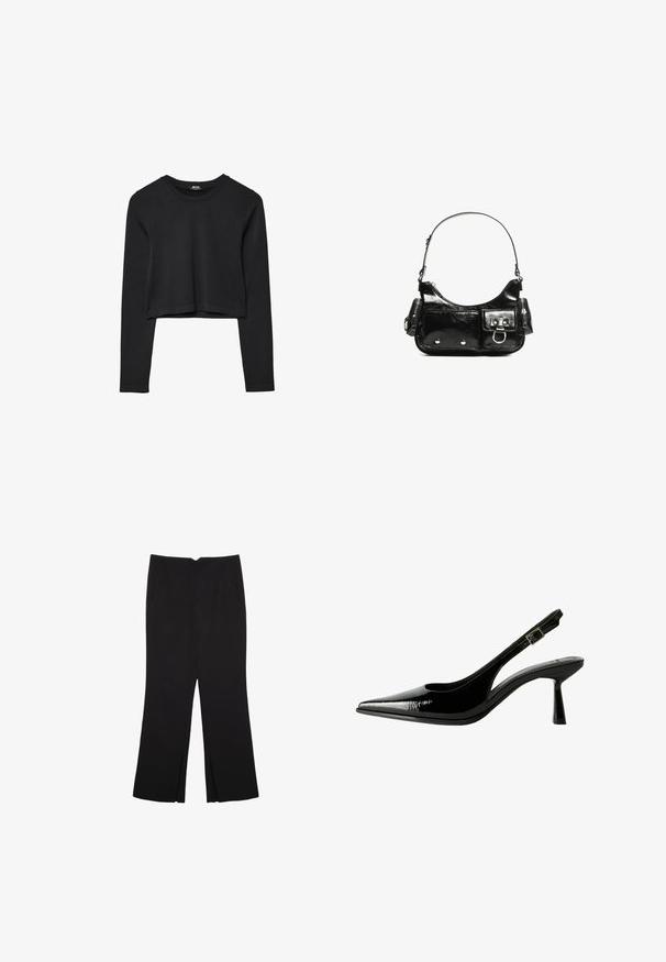 Černý dlouhý rukáv cropped top s kulatým výstřihem, jednoduchý design a mírně zaoblený lem.; Černé kalhoty s rovným střihem, s předními kapsami a bočními rozparky na lemu. Vyrobené z jemné, hladké tkaniny. Vhodné na různé příležitosti.; Černé lakované kožené lodičky na podpatku s špičatou špičkou, výřezy na stranách, nastavitelným páskem kolem kotníku a tenkým, elegantním podpatkem.; Černá lakovaná kožená kabelka s křivkovým tvarem, jedním ramenním popruhem, předními kapsami a stříbrnými kovovými detaily.