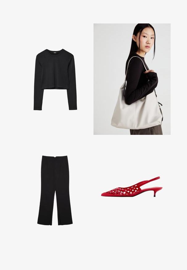 Top cropped nero a maniche lunghe con scollatura tonda, design semplice e orlo leggermente curvo.; Pantaloni neri a gamba dritta, con tasche frontali e spacchi laterali all'orlo. Realizzati in tessuto morbido e liscio. Adatti a diverse occasioni.; Scarpa slingback rossa con tacco kitten, upper in lattice a intaglio, punta affusolata e finitura lucida. Suola nera con tacco piccolo.; Borsa a mano beige realizzata in materiale morbido, caratterizzata da un design morbido, dettagli cuciti e due manici. Adatta per l'uso quotidiano.