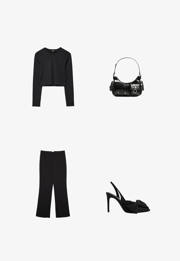 Top cropped nero a maniche lunghe con scollatura tonda, design semplice e orlo leggermente curvo.; Pantaloni neri a gamba dritta, con tasche frontali e spacchi laterali all'orlo. Realizzati in tessuto morbido e liscio. Adatti a diverse occasioni.; Slingback neri con tacco alto realizzati in tessuto morbido, con punta appuntita e dettaglio in tessuto a fiocco nella parte anteriore. Tacco a stiletto sottile.; Borsa a spalla in vernice nera con forma curvata, una tracolla, tasche frontali e dettagli in metallo argentato.