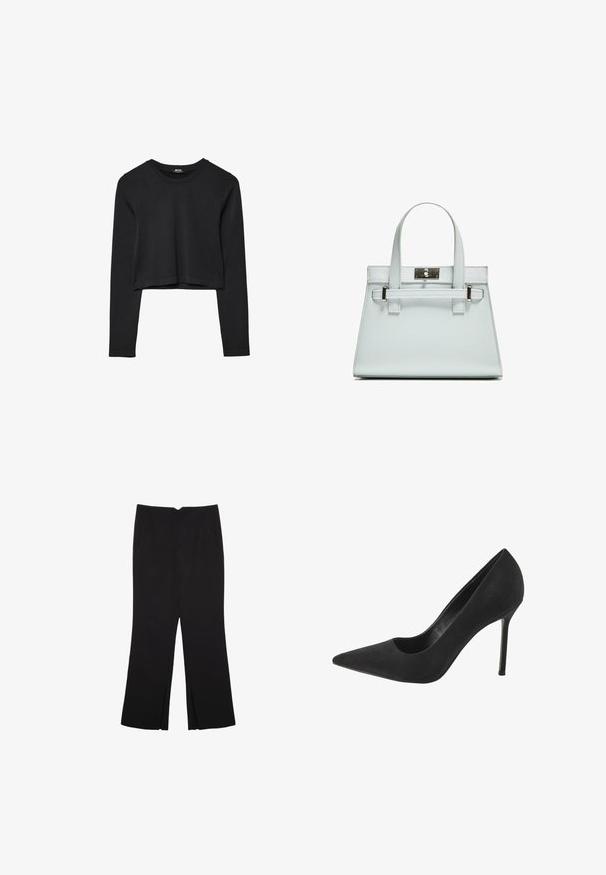 Schwarzes, langärmliges, kurz geschnittenes Oberteil mit Rundhalsausschnitt, schlichter Gestaltung und leicht abgerundetem Saum.; Schwarze Hose mit geradem Schnitt, ausgestattet mit Fronttaschen und Seitenschlitzen am Saum. Hergestellt aus weichem, glattem Stoff. Geeignet für verschiedene Anlässe.; Schwarzer Wildleder-Pumps mit hoher Absatzhöhe und spitzem Zehenbereich sowie Ausschnitten an der Seite; ausgestattet mit einem schlanken Stiletto-Absatz und einer glatten Innenausstattung.; Helle blaue Handtasche mit strukturiertem Design, zwei Griffen und einem Beschlag aus silberfarbenem Metall. Texturiertes Material und scharfe Ecken.