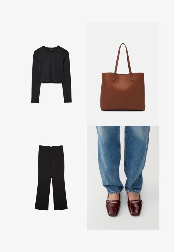 Čierny dlhý rukáv skrátený top s okrúhlym výstrihom, jednofarebný dizajn a mierne zakrivený lem.; Čierne nohavice so strihom rovného strihu, s prednými vreckami a bočnými rozparkami na leme. Vyrobené z mäkkej, hladkej tkaniny. Vhodné na rôzne príležitosti.; Burgundské lakované topánky so štvorcovou špičkou a členkovým remienkom, skombinované s voľnými svetlomodrými džínsami. Topánky majú lesklý povrch.; Hnedá kožená taška na rameno s hladkou textúrou, otvoreným vrchom a dvoma ramenými popruhmi. Má minimálne šitia a žiadne viditeľné kovania.