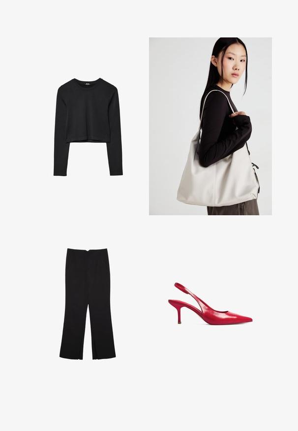Black long-sleeve cropped top with round neckline, plain design, and a slightly curved hem.; Black trousers with a straight fit, featuring front pockets and side slits at the hem. Made of soft, smooth fabric. Suitable for various occasions.; Red leather slingback heels with a pointed toe and a thin heel. Smooth texture with a minimalistic design and a cutout at the heel.; Beige handbag made of soft material, featuring a slouchy design, stitched detailing, and two shoulder straps. Suitable for everyday use.