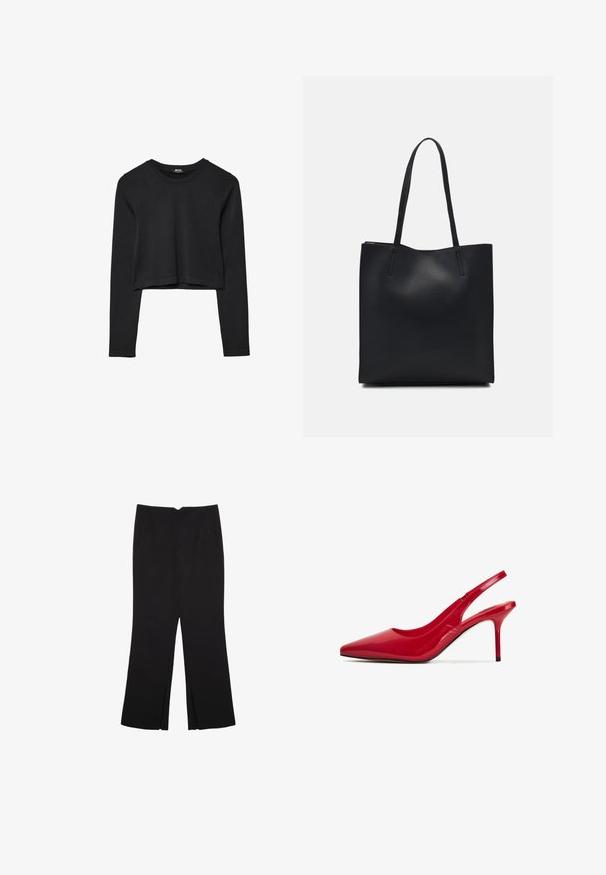 Mustat pitkät hihat lyhyt toppi, jossa on pyöreä kaula-aukko, yksinkertainen muotoilu ja hieman kaareva helma.; Mustat housut suoralinjaisella leikkauksella, joissa on etutaskut ja sivurei'ät helman alla. Valmistettu pehmeästä ja sileästä kankaasta. Sopii eri tilaisuuksiin.; Punat nahkaa punaiset korkokengät avonaisella kantapäällä, teräväkärkiset ja kapeat korot. Muotoilu sisältää sileän pintakäsittelyn ja yksinkertaisen siluetin.; Mustapahkainen kangaskassi, jossa on sileä pinta, suorakaiteen muotoinen ja kaksi pitkää kahvaa. Ei näkyvää metalliosaa tai koristeita.