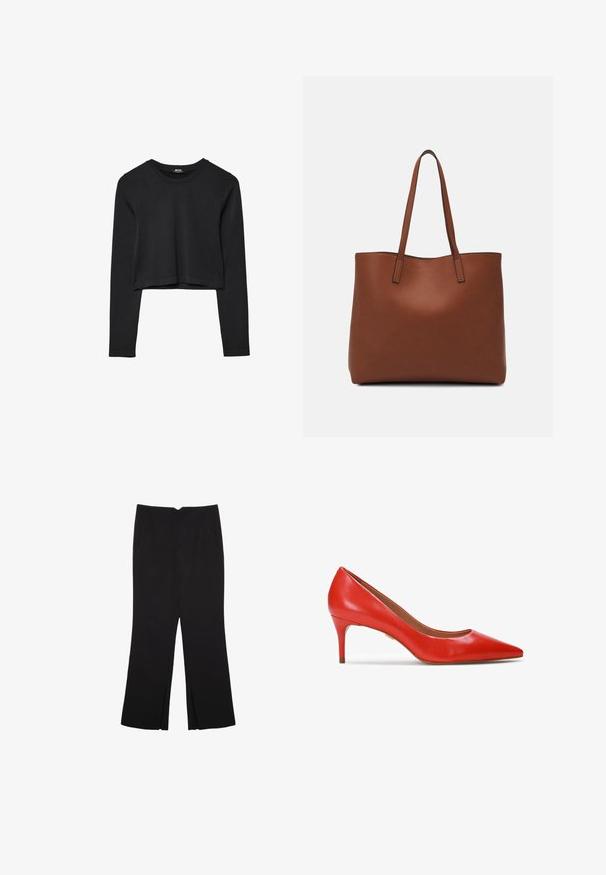 Top cropped nero a maniche lunghe con scollatura tonda, design semplice e orlo leggermente curvo.; Pantaloni neri a gamba dritta, con tasche frontali e spacchi laterali all'orlo. Realizzati in tessuto morbido e liscio. Adatti a diverse occasioni.; Pump rosso in pelle con tacco alto e appuntito, alto 2,5 pollici. Texture liscia con dettagli minimi e silhouette strutturata.; Borsa tote in pelle marrone con texture liscia, design con apertura superiore e due spallacci. Presenta cuciture minime e nessun hardware visibile.