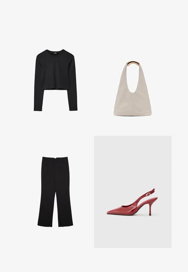Crni dugi rukav uski crop top s okruglim izrezom, jednostavnog dizajna i blago zakrivljenim rubom.; Crne hlače ravnog kroja, s prednjim džepovima i bočnim prorezima na rubu. Izrađene od mekog i glatkog materijala. Pogodne za razne prigode.; Crvene lakirane kožne cipele na petu s otvorenom petom, šiljastim vrhom, tankom štiklom i malim izrezom sa strane. Glatka tekstura.; Svijetlosivi kožni torba s oblikom u slovo U i zakrivljenim metalnim drškom. Glatka tekstura s minimalnim šavovima i bez vidljivih uzoraka.