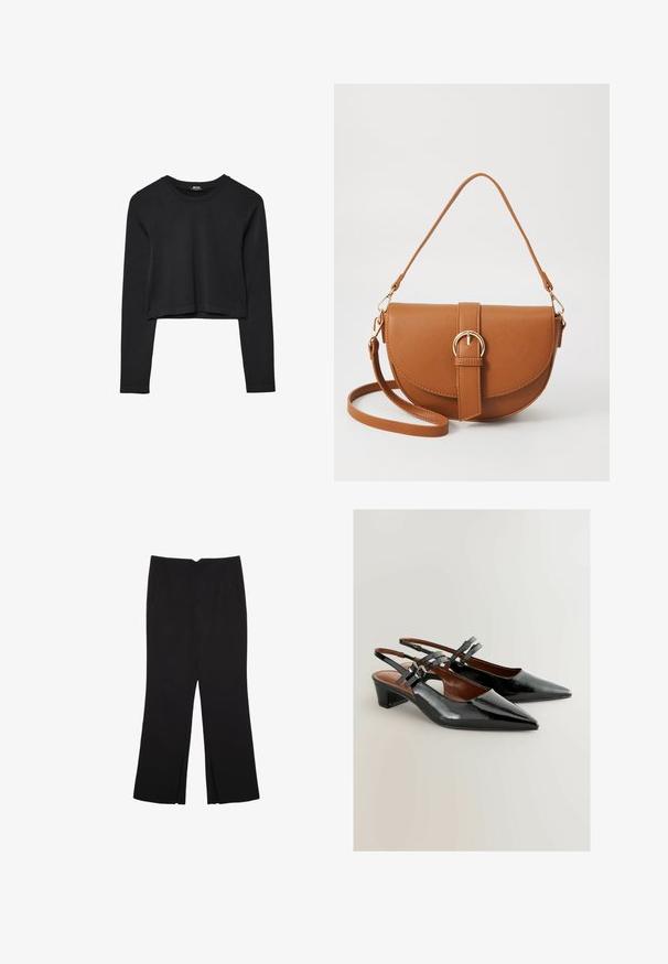 Schwarzes, langärmliges, kurz geschnittenes Oberteil mit Rundhalsausschnitt, schlichter Gestaltung und leicht abgerundetem Saum.; Schwarze Hose mit geradem Schnitt, ausgestattet mit Fronttaschen und Seitenschlitzen am Saum. Hergestellt aus weichem, glattem Stoff. Geeignet für verschiedene Anlässe.; Schwarze Lackleder-Slingback-Schuhe mit spitzem Zehenbereich, mittelhohem Absatz und dekorativen Schnallenriemen. Glatte Textur mit elegantem Design.; Braune Leder-Crossbody-Tasche mit geschwungener Form, goldfarbenen Beschlägen und einer Schnallenakzentuierung. Verfügt über einen abnehmbaren Schultergurt.