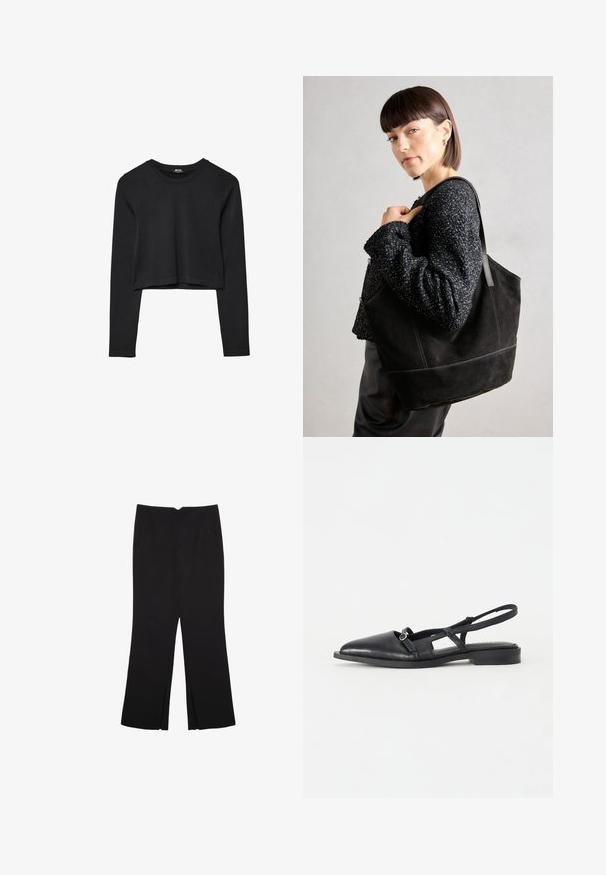 Svart långärmad croppad topp med rund halsringning, enkel design och en något rundad nederkant.; Svarta byxor med rak passform, utrustade med framfickor och sidoklyvningar vid fållen. Tillverkade av mjukt, slätt tyg. Lämpliga för olika tillfällen.; Svart läderslipsko med spetsig tå, låg klack, utskärningsdesign och dekorativ cirkulär spänne.; Svart mocka tote-väska med en slät textur, strukturerad form och kontrasterande sömmar. Har långa bärremmar för axelbärande.