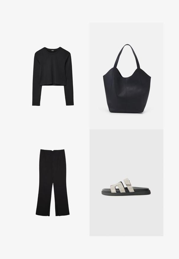Schwarzes, langärmliges, kurz geschnittenes Oberteil mit Rundhalsausschnitt, schlichter Gestaltung und leicht abgerundetem Saum.; Schwarze Hose mit geradem Schnitt, ausgestattet mit Fronttaschen und Seitenschlitzen am Saum. Hergestellt aus weichem, glattem Stoff. Geeignet für verschiedene Anlässe.; Schwarze Riemensandale mit flacher Sohle und zwei vertikalen Bändern, die mit silbernen Strasssteinen verziert sind. Gummioberfläche mit subtiler Profildesign.; Schwarze Tote-Bag aus glattem Leder, mit einem abgerundeten, offenen Oberteil, zwei Schulterträgern und einem minimalistischen Design.
