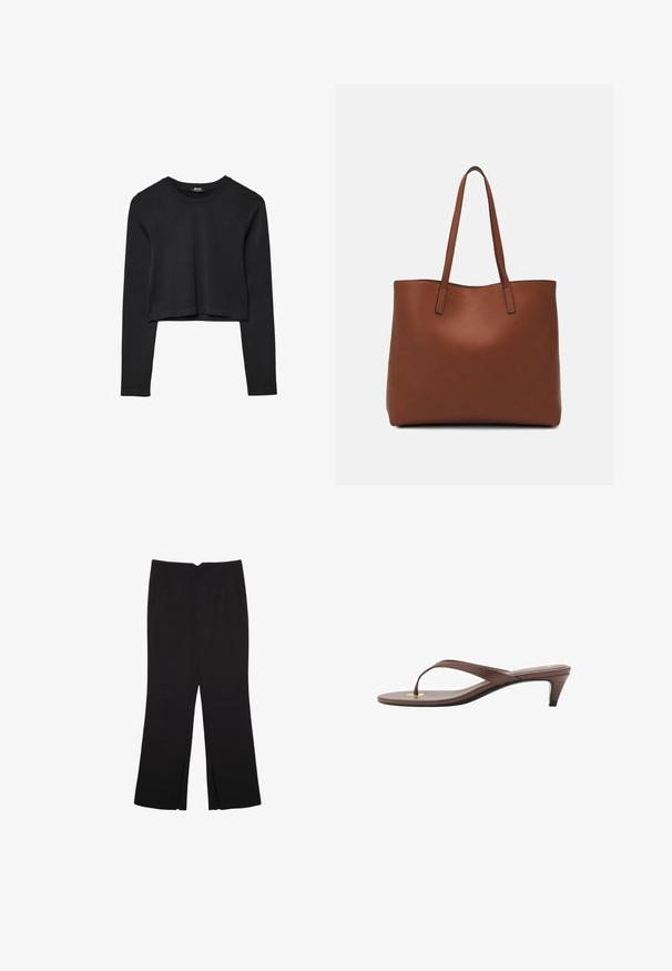 Sort langærmet cropped top med rund halsudskæring, ensfarvet design og let buet kant.; Sorte bukser med lige pasform, der har frontlommer og slidser i kanten. Lavet af blødt, glat stof. Velegnet til forskellige anledninger.; Brune hælflip-flop sandal med en slank rem og rund tåpost, der har et lille guldaccent på fodsengen.; Brun læder tote taske med en glat overflade, åben topdesign og to skulderremme. Har minimal syning og ingen synlig hardware.