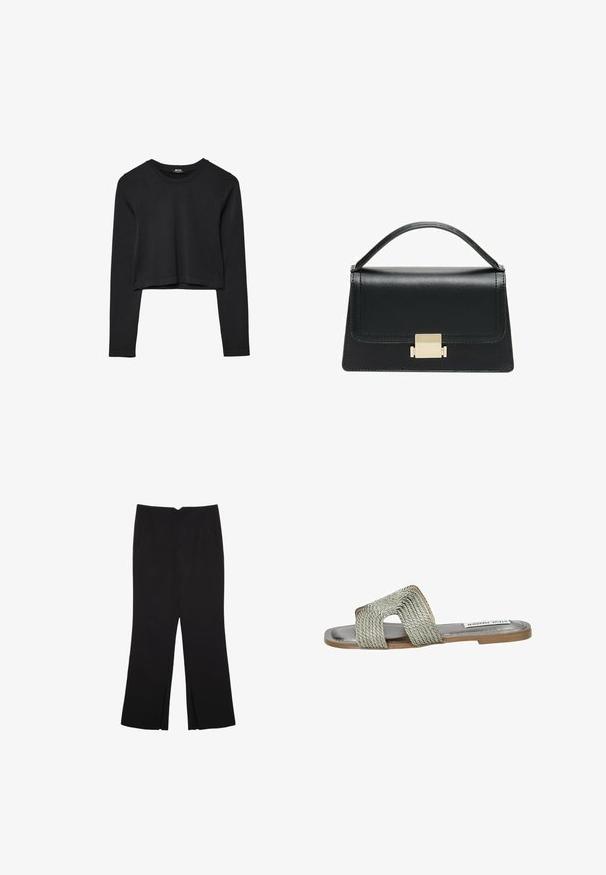 Schwarzes, langärmliges, kurz geschnittenes Oberteil mit Rundhalsausschnitt, schlichter Gestaltung und leicht abgerundetem Saum.; Schwarze Hose mit geradem Schnitt, ausgestattet mit Fronttaschen und Seitenschlitzen am Saum. Hergestellt aus weichem, glattem Stoff. Geeignet für verschiedene Anlässe.; Steve Madden Pantolette flach - pewter; Schwarze Lederhandtasche mit strukturiertem Design, oberem Griff und einem goldenen Metallschnappverschluss auf der Vorderseite. Glatte Textur, minimale Nähte.