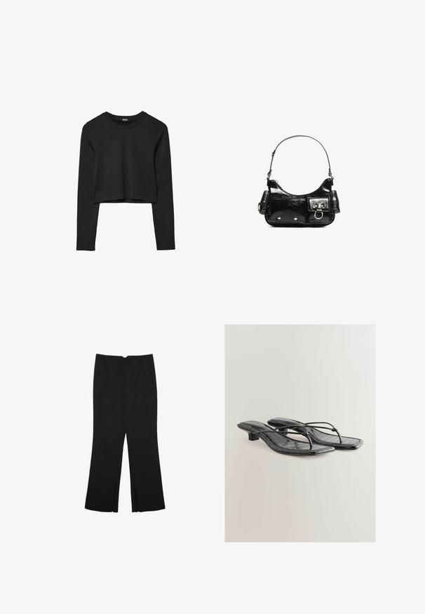 Schwarzes, langärmliges, kurz geschnittenes Oberteil mit Rundhalsausschnitt, schlichter Gestaltung und leicht abgerundetem Saum.; Schwarze Hose mit geradem Schnitt, ausgestattet mit Fronttaschen und Seitenschlitzen am Saum. Hergestellt aus weichem, glattem Stoff. Geeignet für verschiedene Anlässe.; Schwarze lackierte Kunstleder-Absatzsandalen mit quadratischer Zehenpartie, dünnen Riemen und Krokodilstruktur. Design mit niedrigem Blockabsatz.; Schwarze Lackleder-Handtasche mit geschwungenem Design, einem Schulterriemen, Vordertaschen und silberfarbenen Hardware-Akzenten.