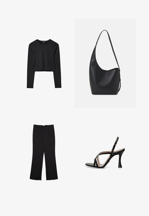 Haut court à manches longues noir avec encolure ronde, design uni et ourlet légèrement arrondi.; Pantalon noir avec une coupe droite, doté de poches avant et d'éclairs sur l'ourlet. Fabriqué en tissu doux et lisse. Convient à diverses occasions.; Nine West Sandales - black; Sac hobo en cuir noir avec une texture lisse, une forme incurvée et une seule sangle réglable ; dispose d'une large ouverture en haut.