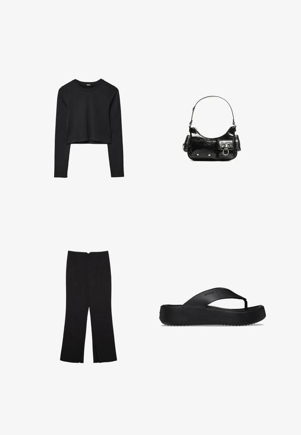 Zwarte lange mouwen cropped top met ronde halslijn, eenvoudige ontwerp en een licht gebogen zoom.; Zwarte broek met een rechte pasvorm, voorzien van zijzakken en plooien aan de onderzijde. Gemaakt van zachte, gladde stof. Geschikt voor verschillende gelegenheden.; Zwarte flip-flop sandaal met een verhoogde zool, gemaakt van rubbermateriaal. Kenmerkt zich door een teenband en een gestructureerde voetbed voor grip.; Zwarte laarzen in lakleer met een gebogen vorm, één schouderband, voorvakken en accenten in zilverkleurig metaal.