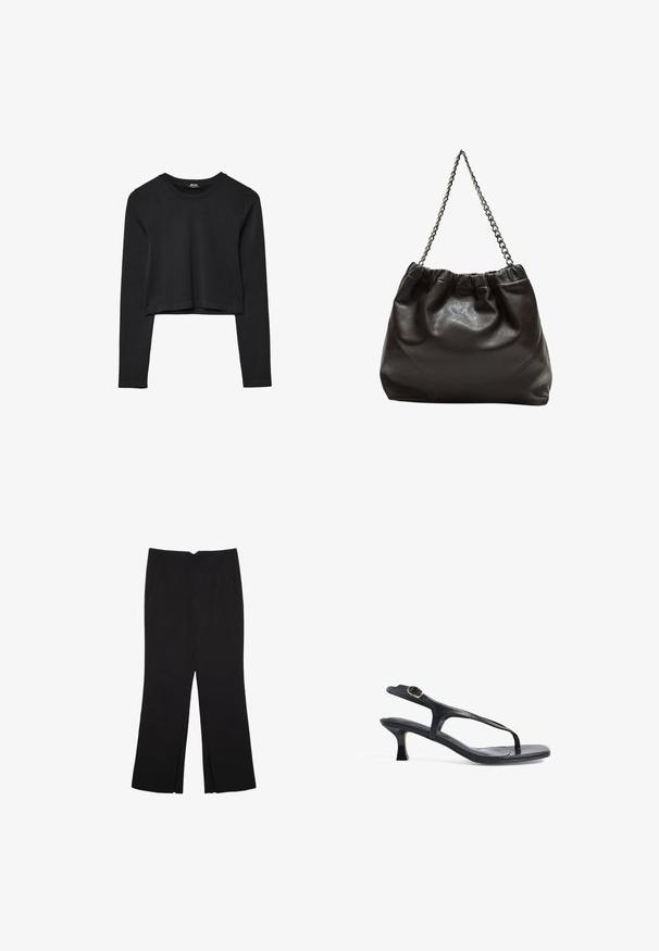 Black long-sleeve cropped top with round neckline, plain design, and a slightly curved hem.; Black trousers with a straight fit, featuring front pockets and side slits at the hem. Made of soft, smooth fabric. Suitable for various occasions.; Black leather sandal with a slim design, thin straps, and a small heel. Features a buckle accent and a smooth textured footbed.; Brown leather bag with a gathered top and a chain strap. Smooth texture with a glossy finish and subtle seam detailing on the sides.